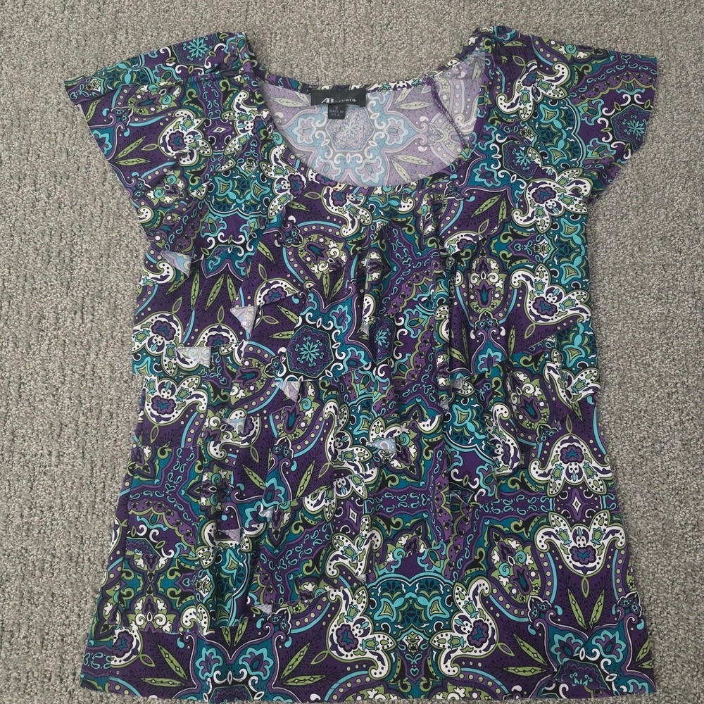 AB Studio Purple Paisley Stretch Top Size S Y2K Boho Psychedelic Retro